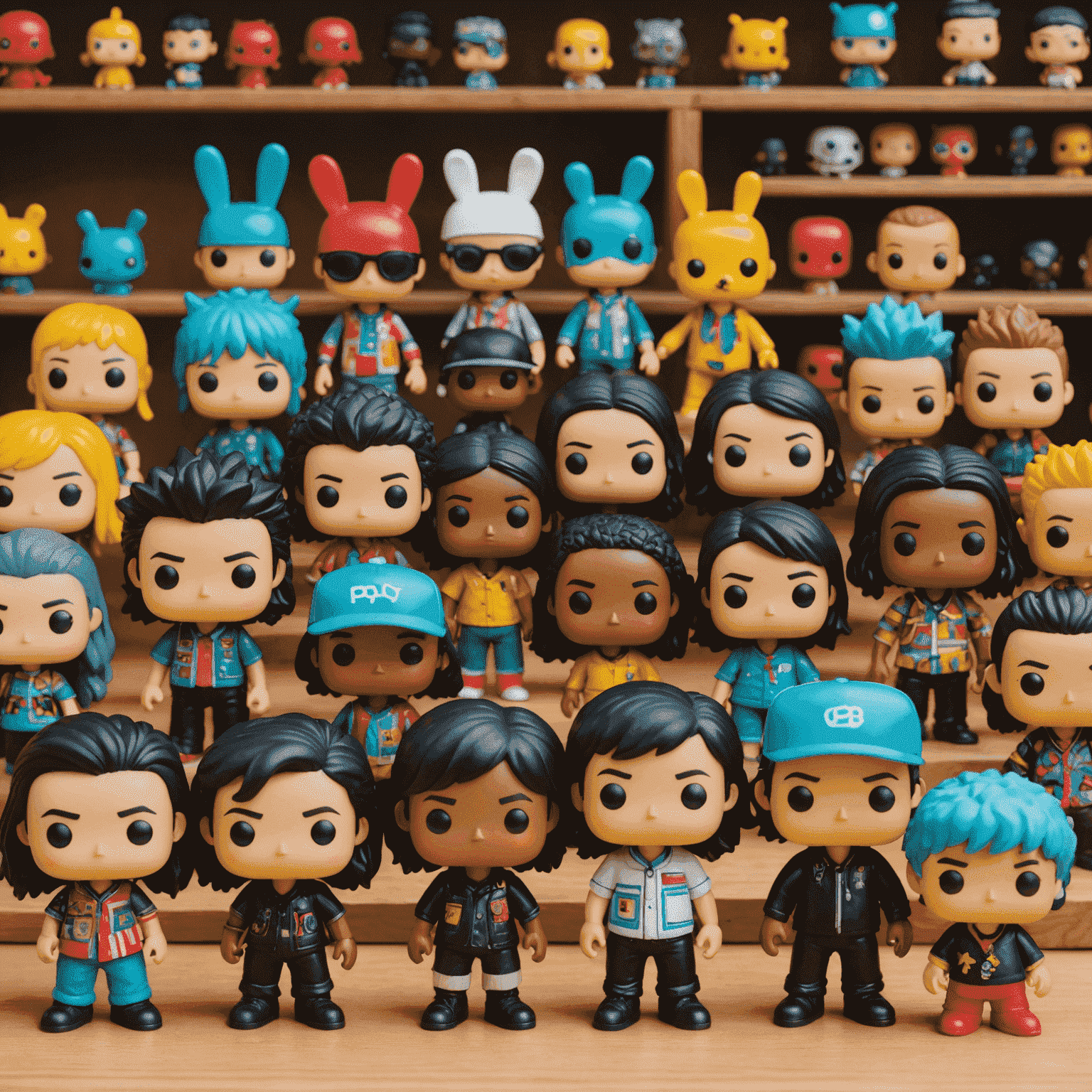 A diverse collection of Pop Mart figures designed by various local artists. Each figure showcases unique styles, patterns, and cultural influences, demonstrating the creativity of different artistic collaborations.